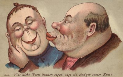 Mann kysser sin kone (farge litho) av German School