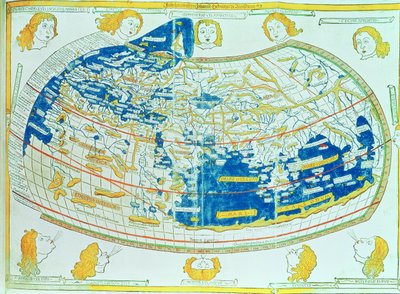 Kart over verden, basert på beskrivelser og koordinater gitt i "Geographia", av Ptolemaios (Claudius Ptolemaeus av Alexandria) (ca. 90-168 e.Kr.), publisert i Ulm, Tyskland av German School