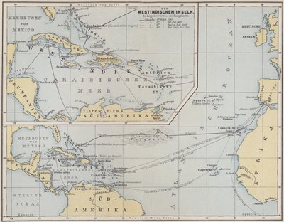 Kart som viser reisene til Christopher Columbus, 1492-1504 av German School
