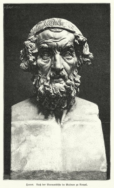Marmorbyste av Homer, eldgammel gresk poet (litho) av German School