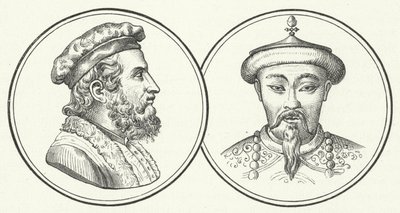 Marco Polo og Kublai Khan (gravering) av German School