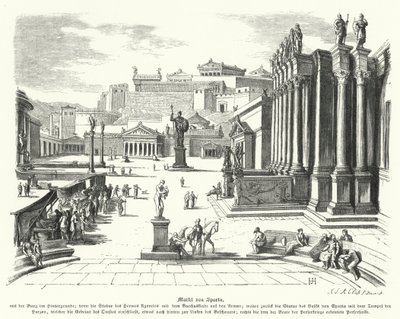 Market of Sparta, antikkens Hellas (gravering) av German School