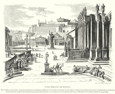 Markedsplassen i Sparta, antikkens Hellas (litho) av German School