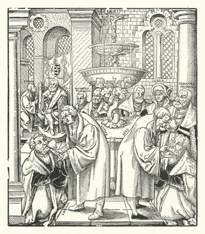 Martin Luther og Jan Hus administrerer nattverden til den saksiske kongefamilien (gravering) av German School