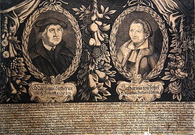 Martin Luther og kona Katharina von Bora (gravering) av German School