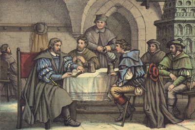 Martin Luther i samtale med studenter i Gasthof der Baren, Jena (chromolitho) av German School