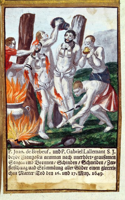 Martyrium av Jean de Brebeuf og Gabriel Lalemant av Iroquois, i Nouvelle-France 1649, fra Jesuits Martyrology, 1688 av German School