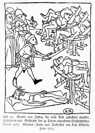 Martyrium av jøder på rattet, fra historien om det kristne barnet myrdet i Trent, utgitt i Trent av Albertus Kune, 1475 av German School