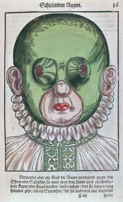 Maske for behandling av strabismus, fra Ophthalmodouleia av Georg Bartisch (1535-1636) utgitt i Dresden i 1583 (farget treblokktrykk) av German School