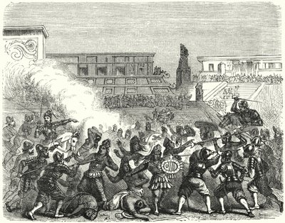 Massakren på aztekiske krigere og adelsmenn ved Cholula av de spanske erobrerne av Hernan Cortes av German School
