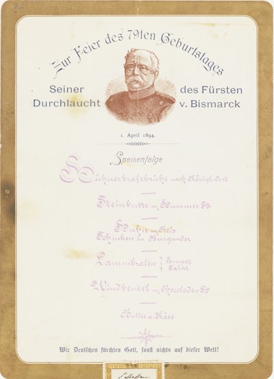 Meny ved Prince von Bismarcks 79-årsfeiring 1. april 1894 av German School