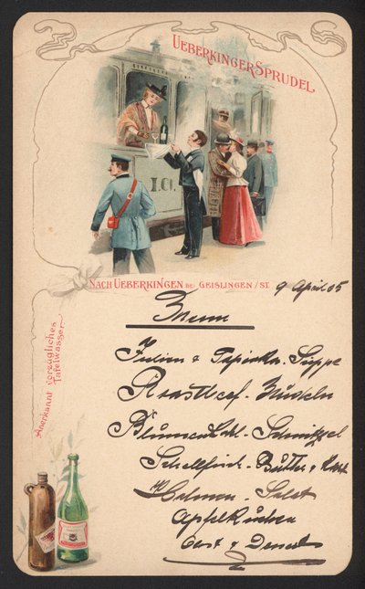 Menykortreklame Ueberkinger musserende mineralvann (farge litho) av German School
