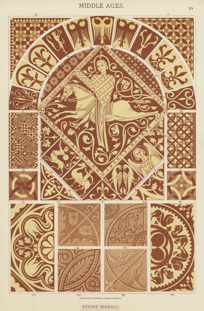Middelalder, steinmosaikk (farge litho) av German School