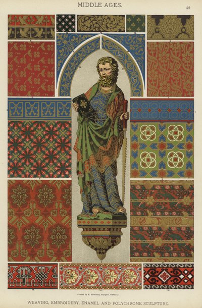 Middelalder, veving, broderi, emalje og polykrom skulptur (litho-farge) av German School
