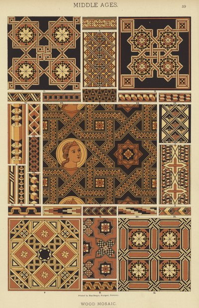 Middelalder, tremosaikk (farge litho) av German School