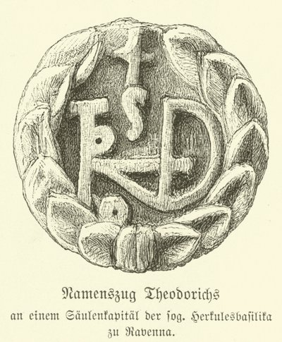 Monogram av Theoderik den store, østgoternes konge (gravering) av German School
