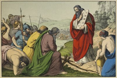 Moses og lovens tavler, illustrasjon fra LAncien Testament, utgitt av Jakob Ferdinand Schreiber, Esslingen (fargegravering) av German School