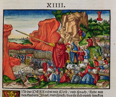 Moses krysser Rødehavet, fra Lutherbibelen, ca. 1530 (farget tresnitt) av German School