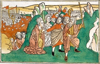 Moses i Rødehavet, scene i Nürnbergs bibel, skrevet på tysk av German School