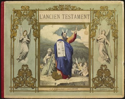 Moses mottar lovens tavler fra Gud på Sinai-fjellet, frontispice-illustrasjon fra LAncien Testament, utgitt av Jakob Ferdinand Schreiber, Esslingen (fargegravering) av German School