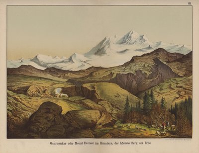 Mount Everest, det høyeste fjellet på jorden (farge litho) av German School