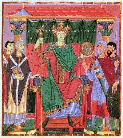 Ms Cim.4453 f.42r Den hellige romerske keiser Otto III på tronen (980-1002), ca. 998 av German School