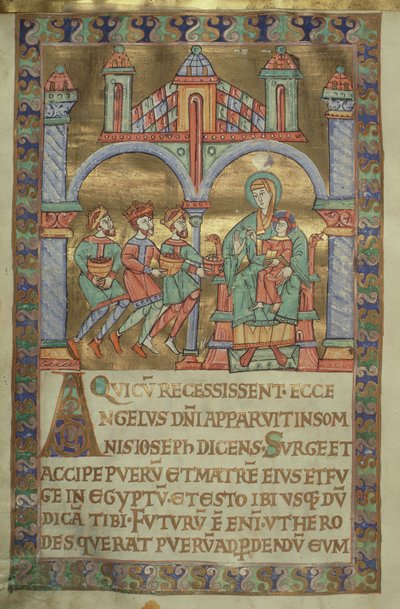 Fru Czart. 1207, IV, fol.V v. Adoration of the Magi, fra The Evangeliarium of Plock Cathedral, ca. 1075 av German School