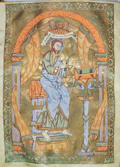 Ms Czart 1207 IV fol 76v St. Mark the Evangelist, fra The Evangeliarium of the Cathedral of Plock, ca. 1075 av German School