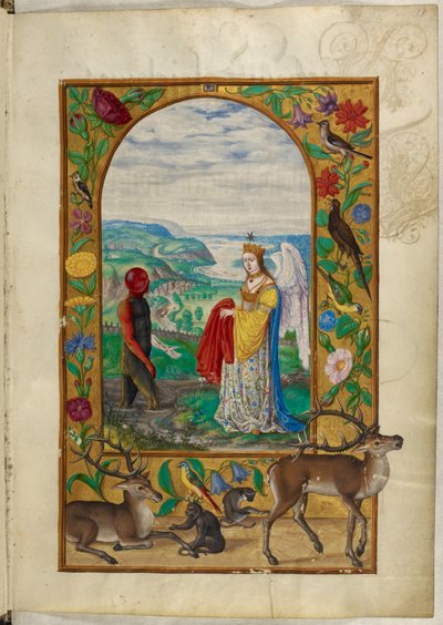 Ms Harley 3469, f.18 Queen tilbyr kappe til mannen i bassenget, den fjerde lignelsen, fra 'Splendor Solis' av Salomon Trismosin av German School