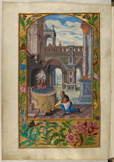 Ms Harley 3469, f.21v Mann som bader i en gårdsplass, den syvende lignelsen, fra 