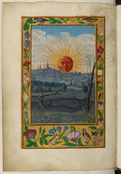 Ms Harley 3469, f.33v Sol med menneskeansikt stiger, den femte avhandlingen, fra 'Splendor Solis' av Salomon Trismosin av German School