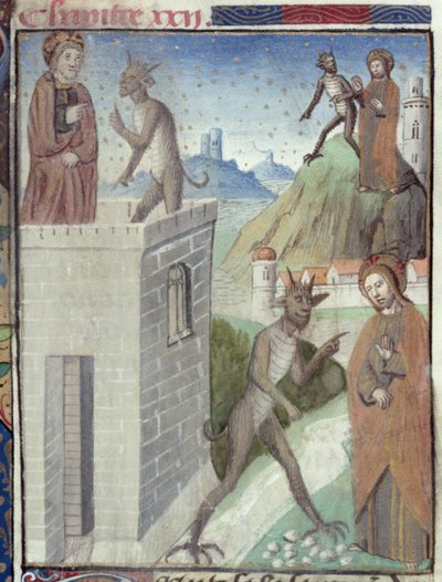 Ms Hunter 36 f.110r The Three Scenes of the Temptation, fra Vita Christi, av Ludolf av Sachsen, ca. 1300-7778 av German School