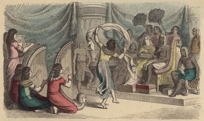 Musikere og dansere som opptrer foran farao i det gamle Egypt (farget gravering) av German School