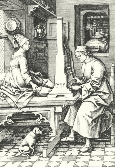 Musikere som spiller et orgel i et landsted på 1400-tallet (gravering) av German School