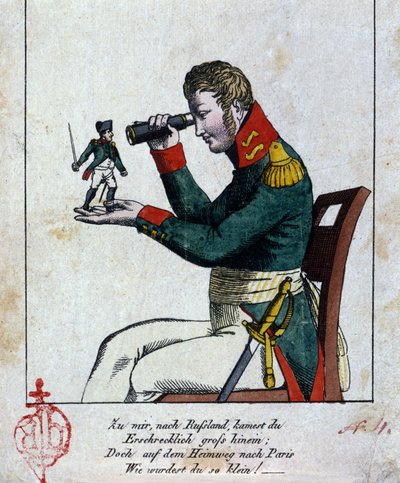 Napoleon I: russekampanjen Hjemme, i Russland, kom du fryktelig stor, men på vei tilbake til Paris, da du var (ble) liten! (dessuten rimer det!!!) Kyss. Tysk karikatur fra 1800-tallet av German School