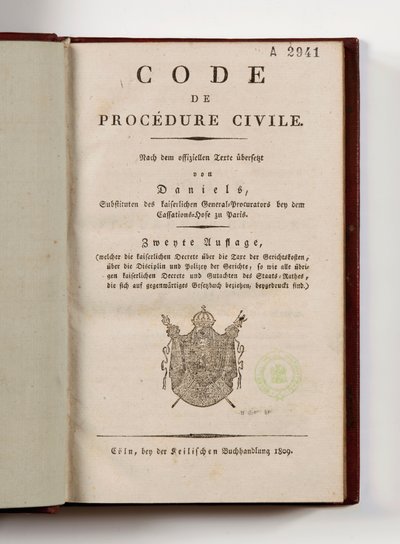 Napoleonsk kode for sivil prosedyre for de franske avdelingene ved Rhinens venstre bredd, åpen på tittelsiden, Köln, 1809 (trykt papir) av German School