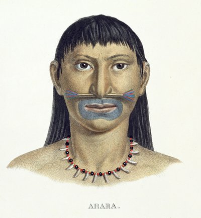Innfødt mann av Arara-stammen med blå ansiktsmaling, fra Atlas of a Journey in Brazil av Johann Baptist von Spix (1781-1826) og Karl Friedrich Philipp Martius (1794-1868), utgitt ca. 1835-50 (farge) av German School