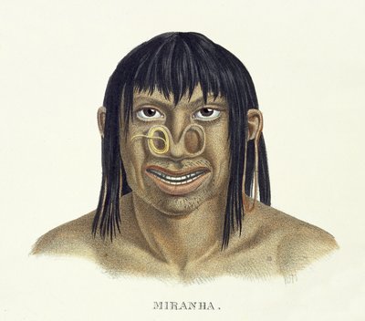 Innfødt mann av Miranha-stammen, med nesedekor, fra Atlas of a Journey in Brazil av Johann Baptist von Spix (1781-1826) og Karl Friedrich Philipp Martius (1794-1868), utgitt ca. 1835-50 (kol. av German School