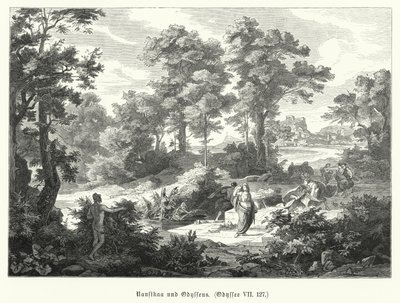 Nausicaa og Odysseus, scene fra Homers Odyssey (gravering) av German School