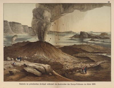 Nea Kameni, vulkansk øy i kalderaen på den greske øya Santorini etter euptionen i 1866 (farge litho) av German School