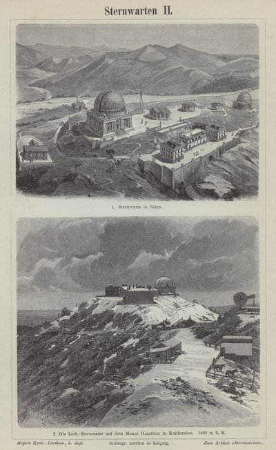 Nice Obervatory, Frankrike, og Lick Observatory, Mount Hamilton, California, USA (gravering) av German School