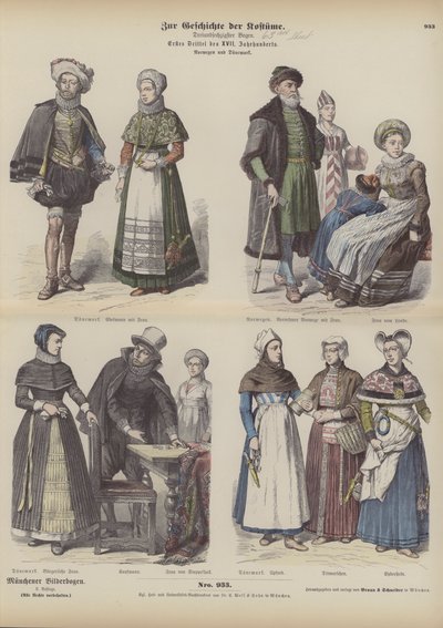 Norske og danske kostymer, tidlig på 1600-tallet (farget gravering) av German School