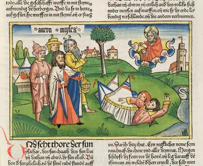 Nummer 16 32 Jorden svelger opprørerne Dathan og Abiram, fra Nürnbergbibelen (Biblia Sacra Germanaica) (farget tresnitt) av German School