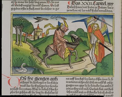 Nummer 22 20-35 Bileams snakkende ass, fra Nürnbergbibelen (Biblia Sacra Germanaica) (farget tresnitt) av German School