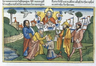 4. Mosebok 27 18-23 Moses legger hånden på Josva, fra Nürnbergbibelen (Biblia Sacra Germanaica) (farget tresnitt) av German School