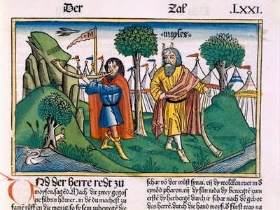 Nummer 2 Israelittenes leiroppgaver, fra Nürnbergbibelen (Biblia Sacra Germanaica) (farget tresnitt) av German School