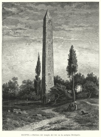 Obelisk av det gamle egyptiske soltempelet ved Heliopolis (litho) av German School