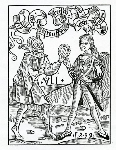 Av nye moter og forkledde Garmentes, illustrasjon fra Alexander Barclays engelske oversettelse av 'The Ship of Fools', fra en utgave utgitt i 1874 av German School