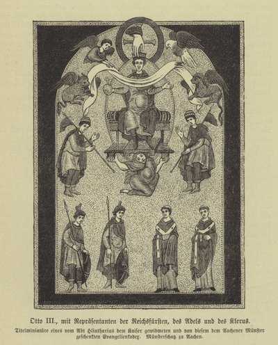 Otto III, den hellige romerske keiseren, med representanter for prinsene, adelen og presteskapet (gravering) av German School