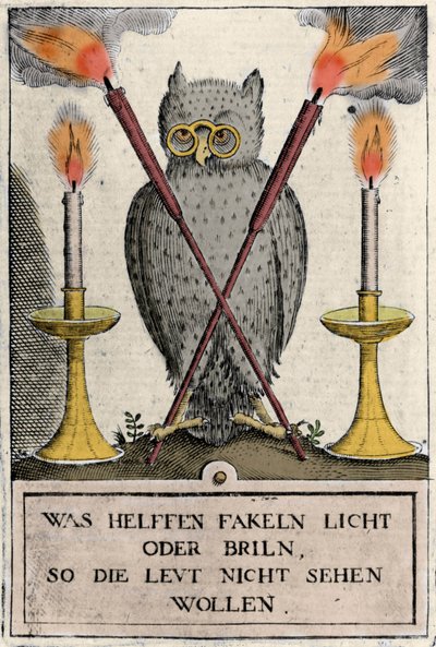 Ugle med briller, symbol på visdom. Gravering av "Amphitheatrum sapientiae aeternae". (Amfiteater for evig visdom) (Hamburg: n.n. av German School